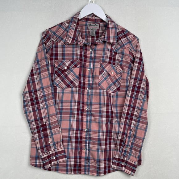 Wranger Tops - Wrangler Wrancher Western Shirt Women's Pink‎ Blue Plaid Pearl Snaps Medium